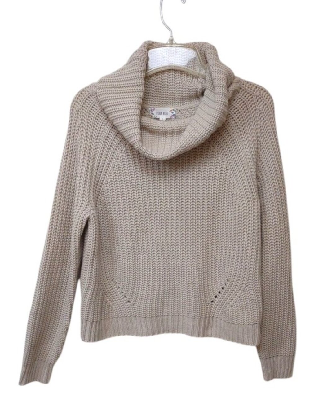 Pink Rose Beige Chunky Cable Fisherman's Knit Cowl Neck Pointelle Detail Sweater